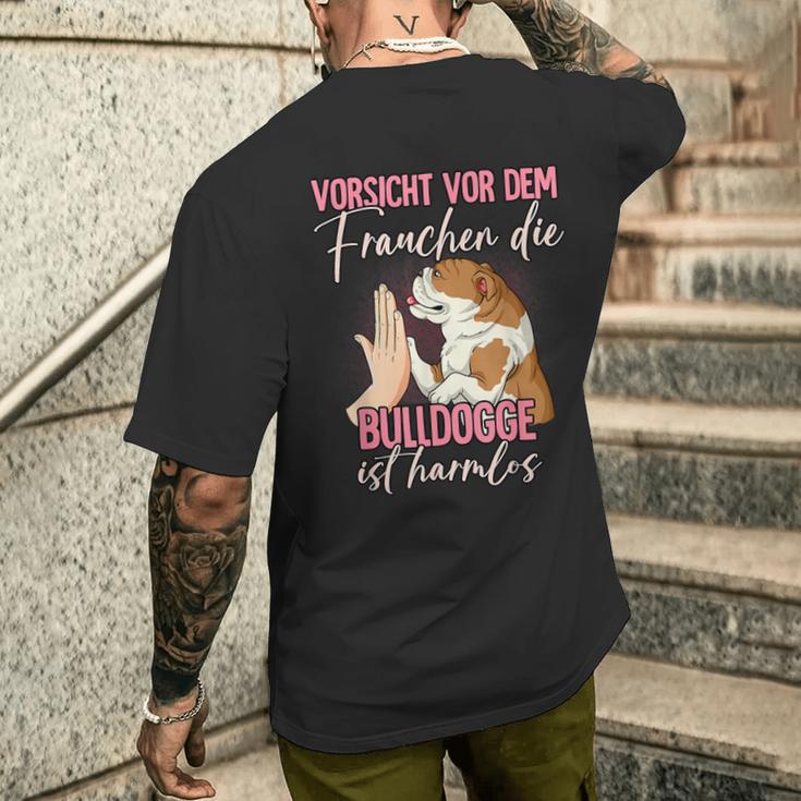 Beware Of The Frauchen Bulldog T-Shirt mit Rückendruck Geschenke für Ihn