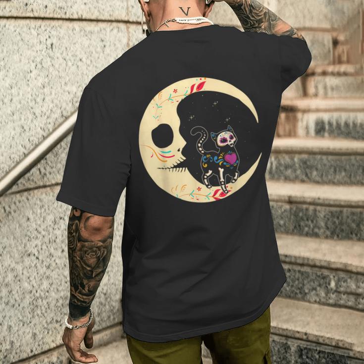 Dia De Los Muertos Cat & Moon Sugar Skull T-Shirt mit Rückendruck Geschenke für Ihn