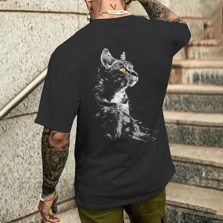 Katze Zeichnung Portrait Tierkunst Grafik Motiv Katze T-Shirt mit Rückendruck Geschenke für Ihn