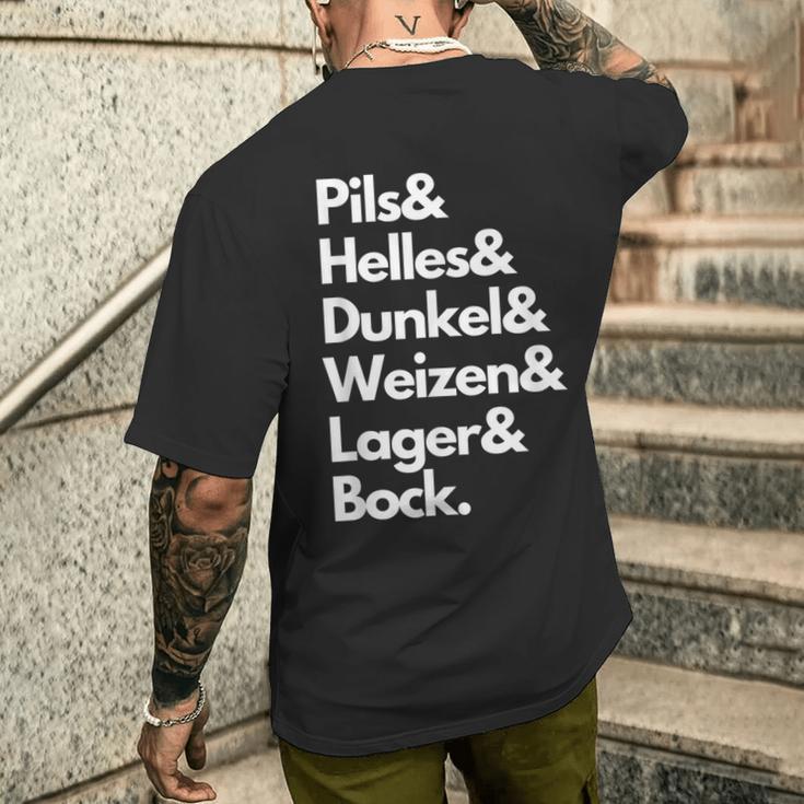 Pils Helles Dunkel Weizen Lager & Bock Biersorten Bier Trink T-Shirt mit Rückendruck Geschenke für Ihn