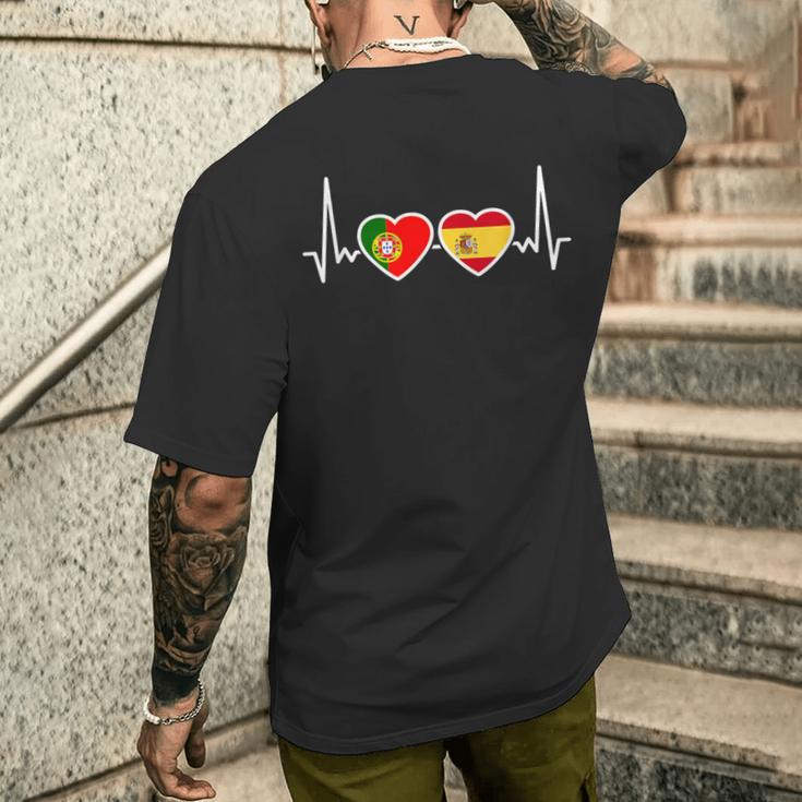 Portugal Spain Heartbeat Flag Spanish Portuguese T-Shirt mit Rückendruck Geschenke für Ihn