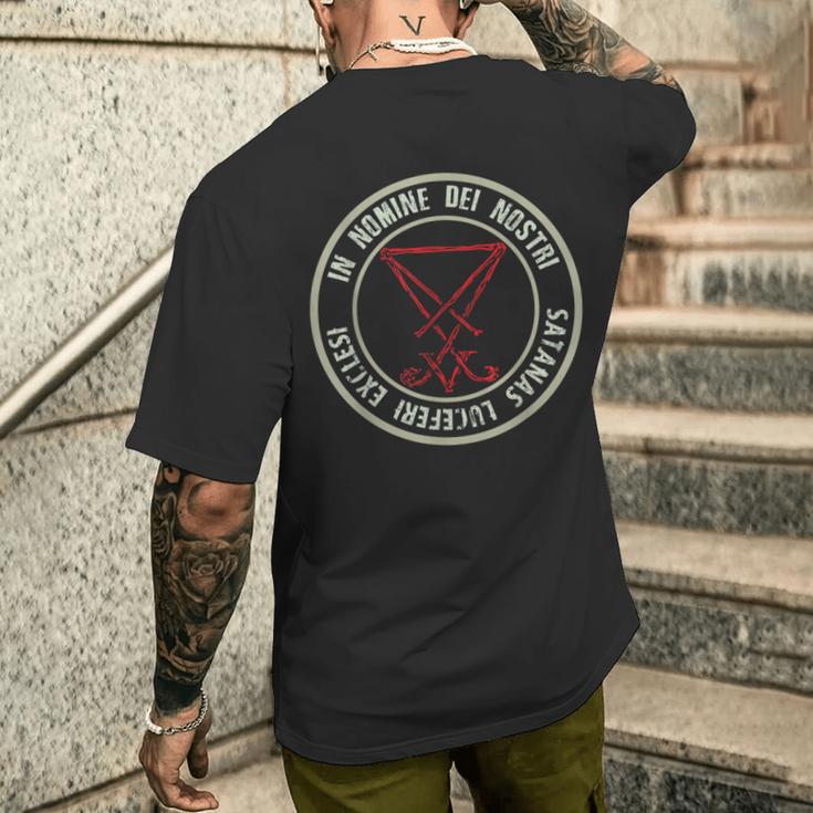 Satanic Lucifer Sigil Devil Nomine Dei Nostri Satanas T-Shirt mit Rückendruck Geschenke für Ihn