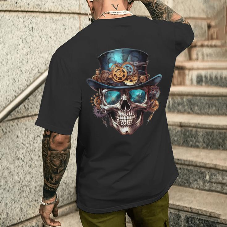 Steampunk Totenkopf Hut Zylinder Mechanik Zahnrad Cyborg T-Shirt mit Rückendruck Geschenke für Ihn