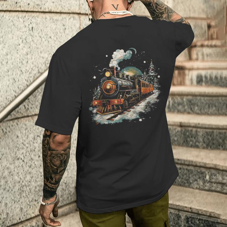 Weihnachtszugintage Dampflokomotive Retro Zug Leiter T-Shirt mit Rückendruck Geschenke für Ihn