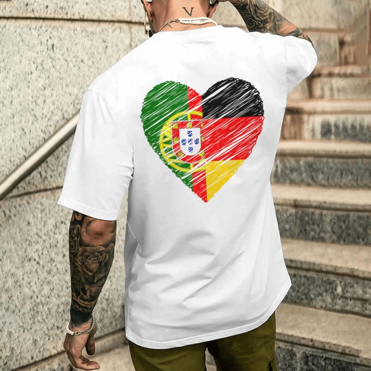 Portugal Germany Heart Germany Flag Portuguese Flag Heart Blue T-Shirt mit Rückendruck Geschenke für Ihn