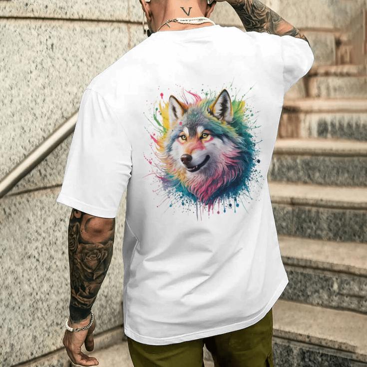 Wolf Herren Damen Bunt Aquarell Wolf T-Shirt mit Rückendruck Geschenke für Ihn