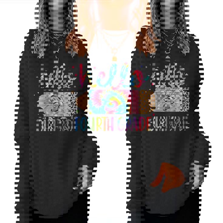 Back To School Hello Fourth 4Th Grade Leopard Tie Dye Pencil Women Sweatshirt
