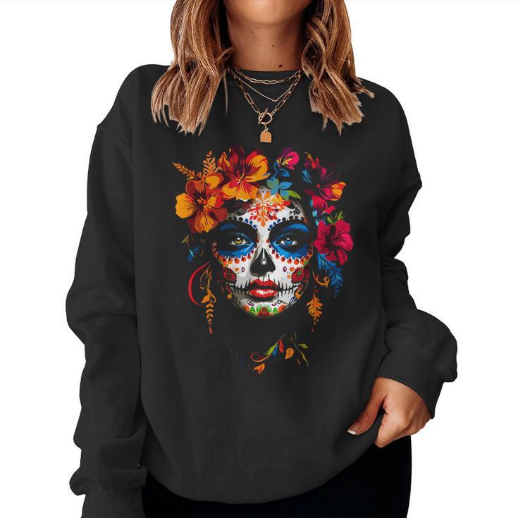 Colourful La Catrina Sugar Skull Woman Dia De Los Muertos Sweatshirt Frauen