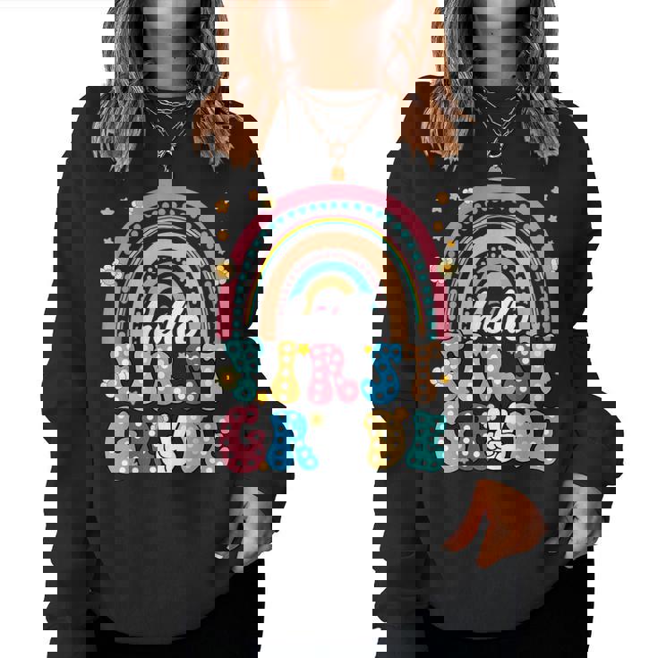 Groovy Rainbow Hello First Grade First Day Teacher Kid Women Sweatshirt