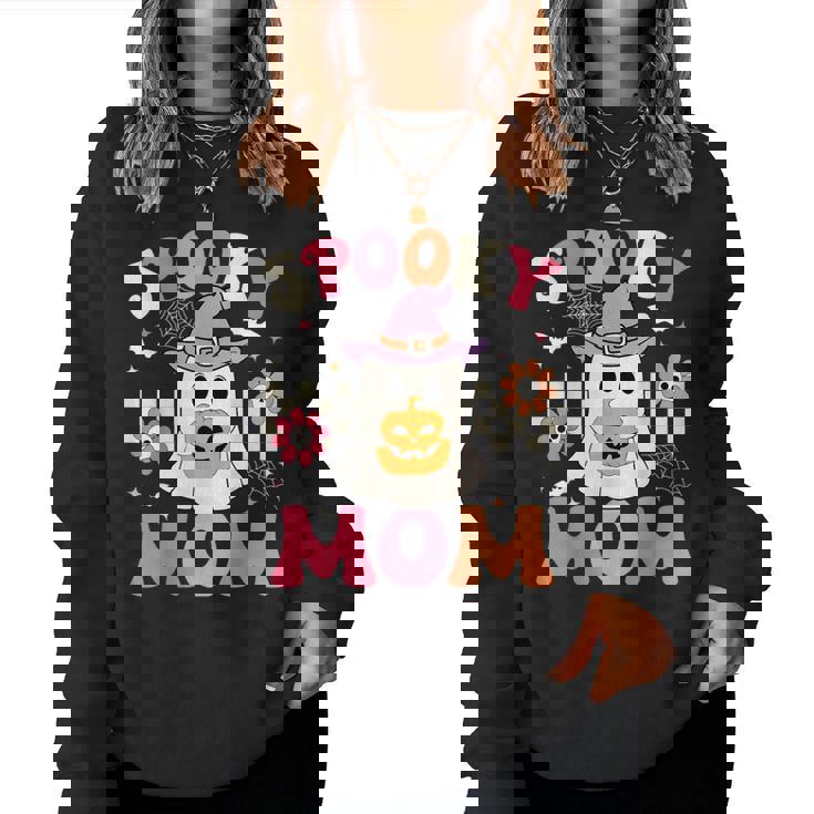 Groovy Spooky Mom Retro Ghost Holding Pumpkin Halloween Women Sweatshirt