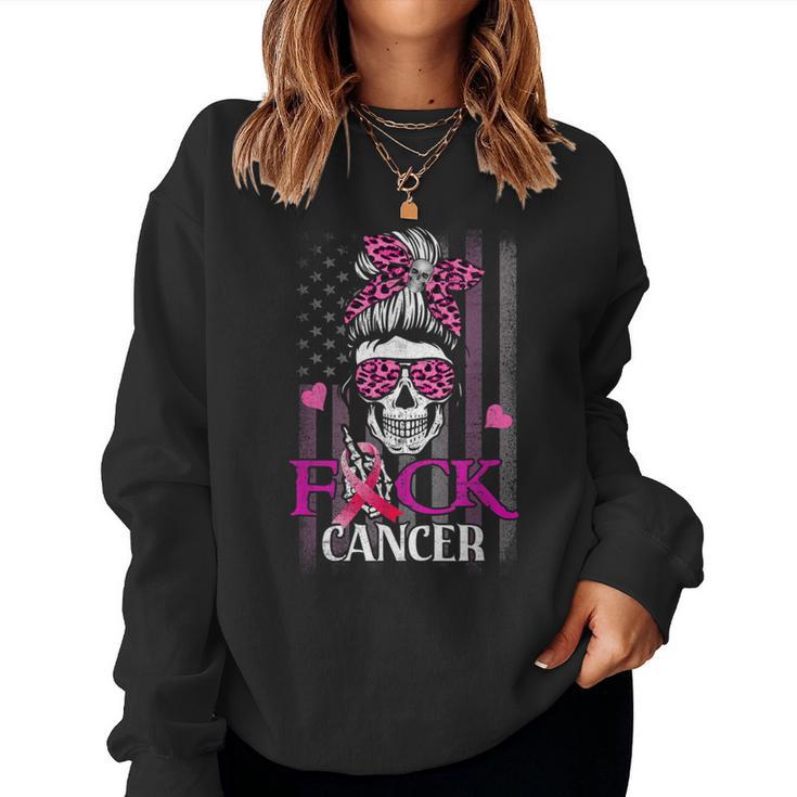 Messy Bun Skull Brustkrebs Bewusstsein Fuck-Cancer Usa Flagge Sweatshirt Frauen