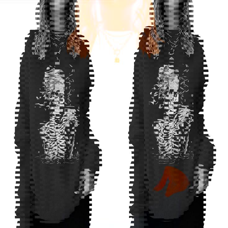 Skeleton Messy Bun Coffee Halloween Coffee Lover Mom Women Sweatshirt
