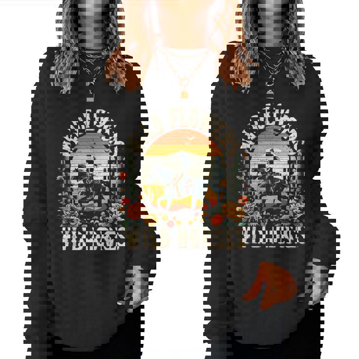 Sunset Cowgirl Riding Horse Wild Flowers Wild Horses Women Sweatshirt