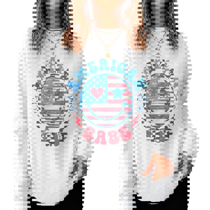 Groovy American Girl Babe Smile Face Usa Flag 4Th Of July Women Sweatshirt
