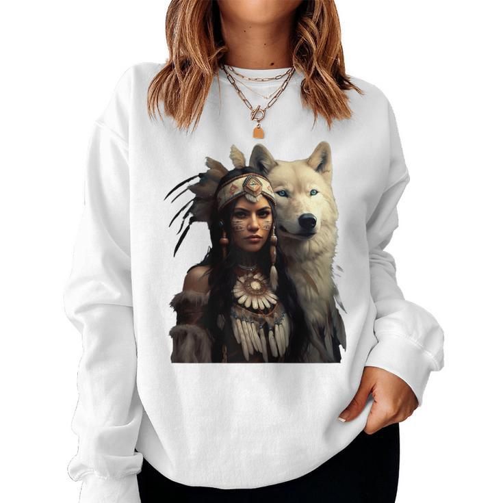 Sweatshirt Vintage Femme Amérindienne Avec Loup Blanc - Coupe Classique, 241 G