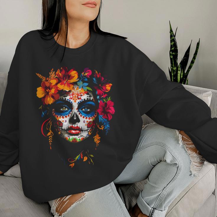 Colourful La Catrina Sugar Skull Woman Dia De Los Muertos Sweatshirt Frauen Geschenke für Sie