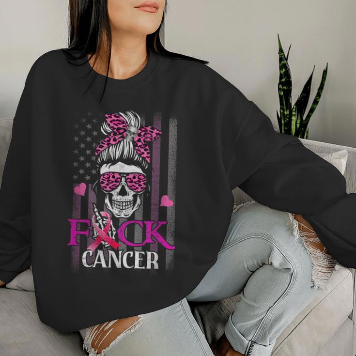 Messy Bun Skull Brustkrebs Bewusstsein Fuck-Cancer Usa Flagge Sweatshirt Frauen Geschenke für Sie