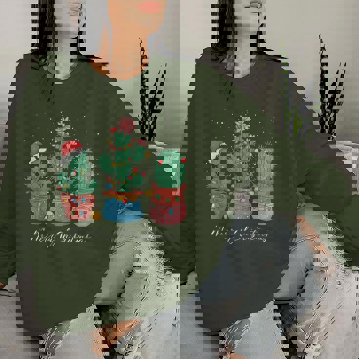 Merry Christmas Cactus Tree Lights Cactus Lover Xmas Women Sweatshirt Gifts for Her