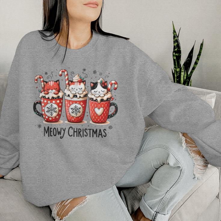 Meowy Christmas Cute Cats And Coffee Merry Xmas Graphic Women Sweatshirt Gifts for Her