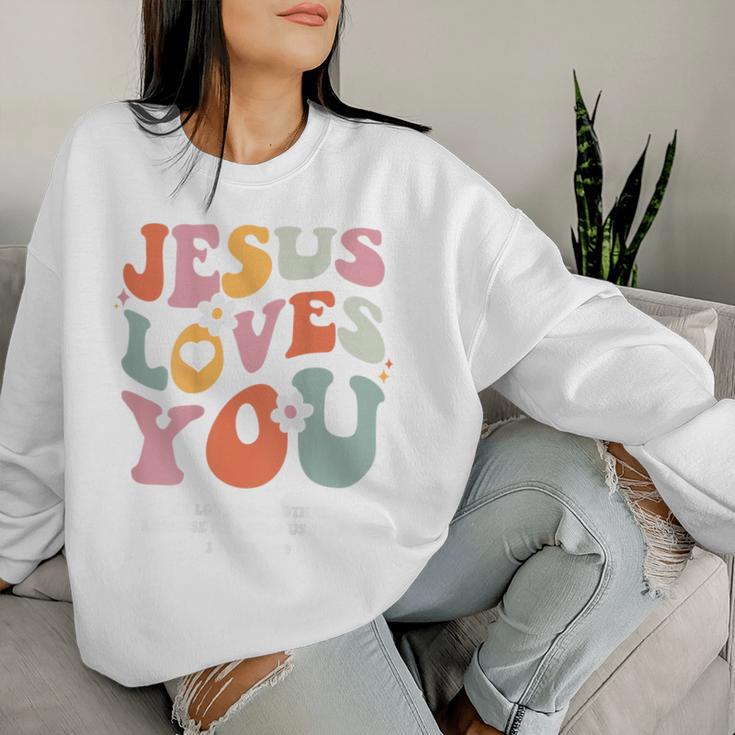 Jesus Loves You Christian Bibleerse Retro Groovy Religious Sweatshirt Frauen Geschenke für Sie