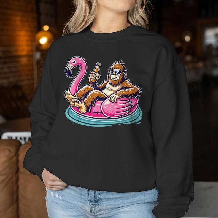 Bigfoot Chilling On Flamingo Float With Beer Fun Summer Vibe Women Sweatshirt Unique Gifts