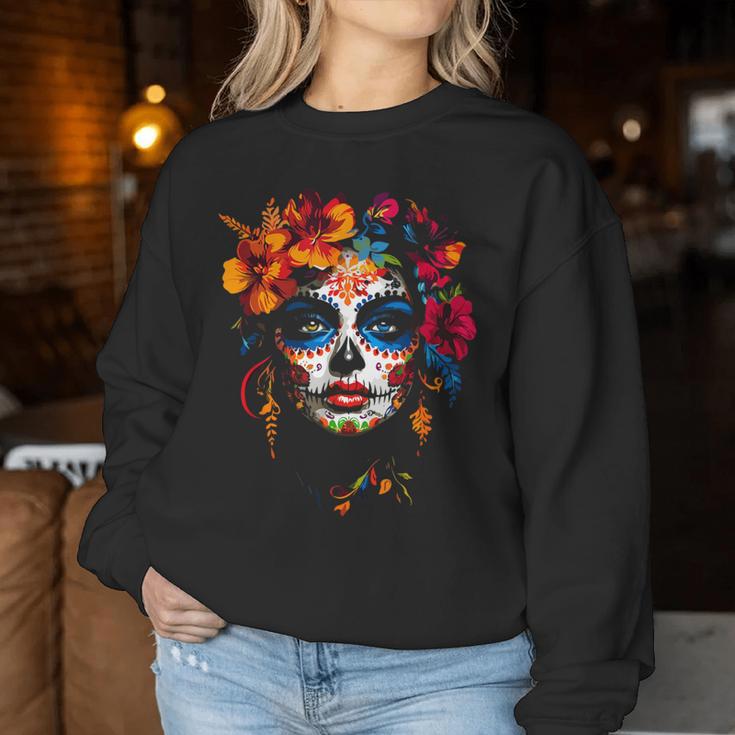 Colourful La Catrina Sugar Skull Woman Dia De Los Muertos Sweatshirt Frauen Lustige Geschenke