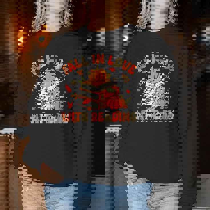 Fall In Love With Reading Book Autumn Pumpkins And Teachers Women Sweatshirt Unique Gifts