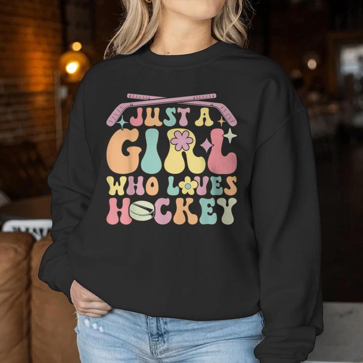 Just A Girl Who Loves Hockey Groovy Hockey Girl Women Sweatshirt Funny Gifts