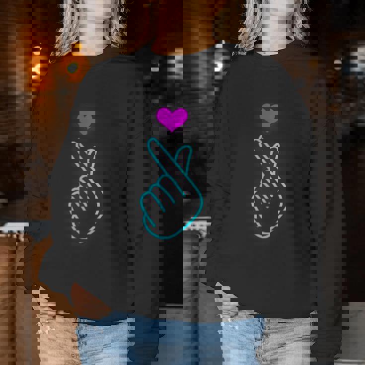 Kpop Dedo Corazón Símbolo Mano Azul Kpop Inspirado Amor Cuello Sudadera Mujer Regalos divertidos