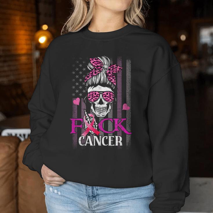 Messy Bun Skull Brustkrebs Bewusstsein Fuck-Cancer Usa Flagge Sweatshirt Frauen Lustige Geschenke