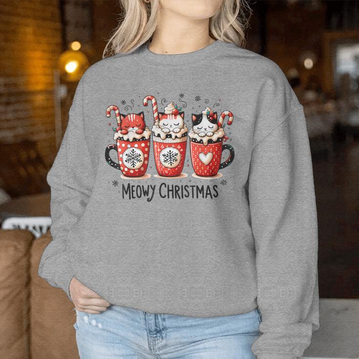 Meowy Christmas Cute Cats And Coffee Merry Xmas Graphic Women Sweatshirt Personalized Gifts