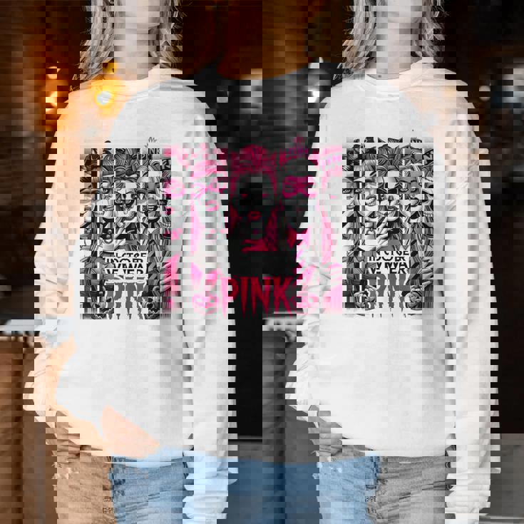 Horror Girl In October We Wear Pink Breast Cancer Halloween Women Sweatshirt Unique Gifts