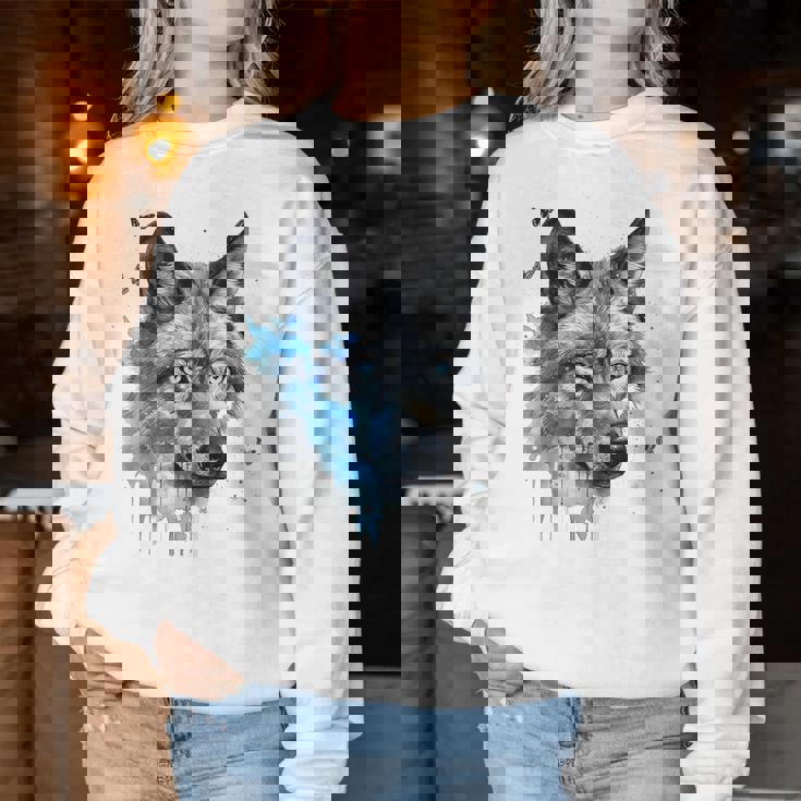 Opera D'arte Lupo Farfalla Occhi Azzurri Motivo Animale Lupo Women Sweatshirt Regalos divertidos