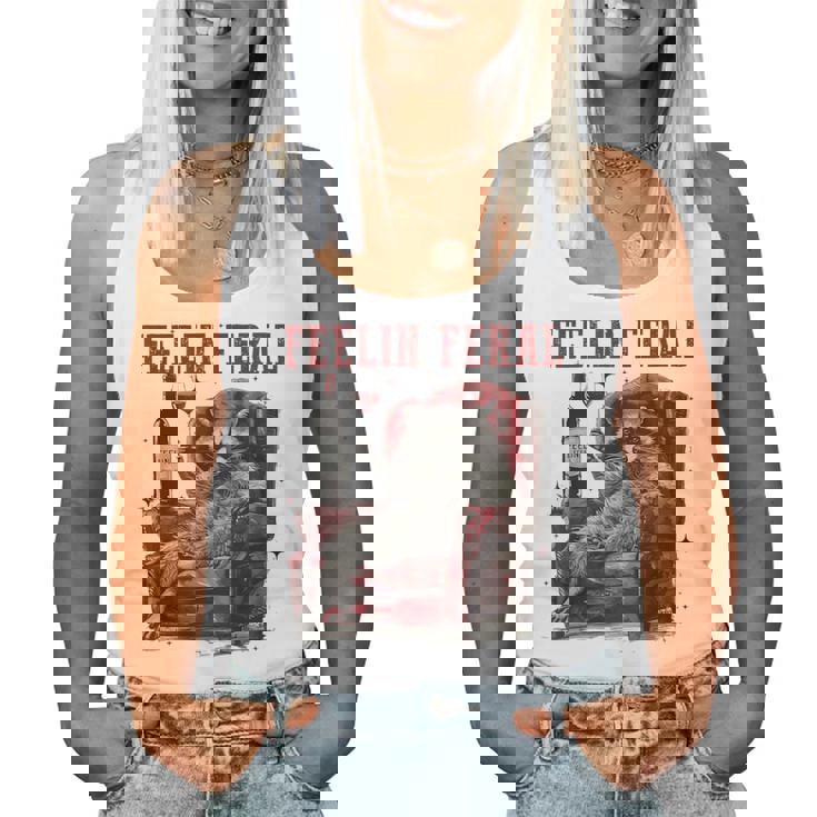 Feelin Feral Vintage Retro Raccoon With Wine Lovers Women Tank Top