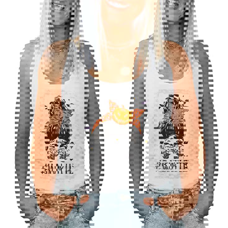 Granny Messy Bun Spooky Pumpkin Grandma Halloween Costume Women Tank Top