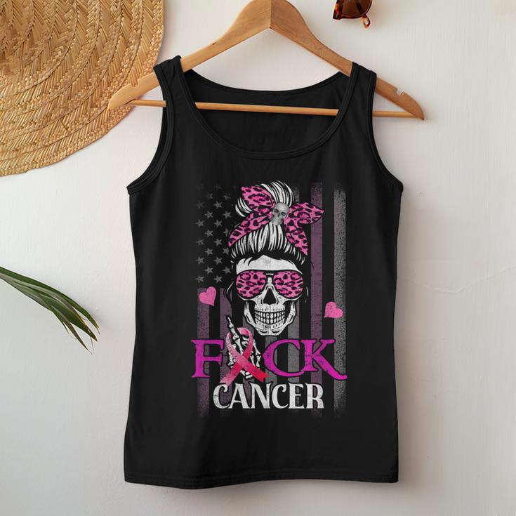 Messy Bun Skull Brustkrebs Bewusstsein Fuck-Cancer Usa Flagge Tank Top Frauen Lustige Geschenke