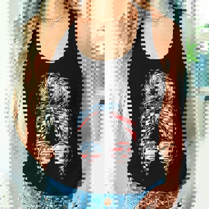 American Messy Bun Girl 4Th Of July Messy Bun Usa Flag Women Tank Top Gifts for Her