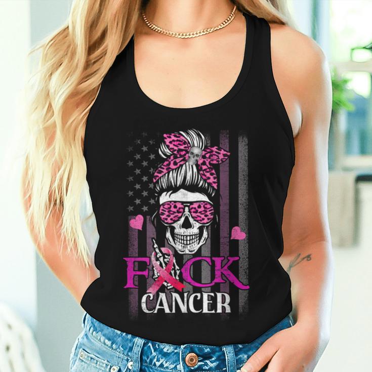 Messy Bun Skull Brustkrebs Bewusstsein Fuck-Cancer Usa Flagge Tank Top Frauen Geschenke für Sie