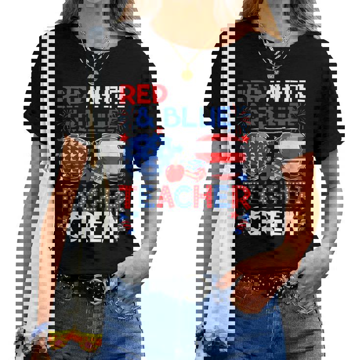 ●土日●Ameri FES GIRLS TEE 4Th Of July Red White & Teacher Crew American Flag Women T