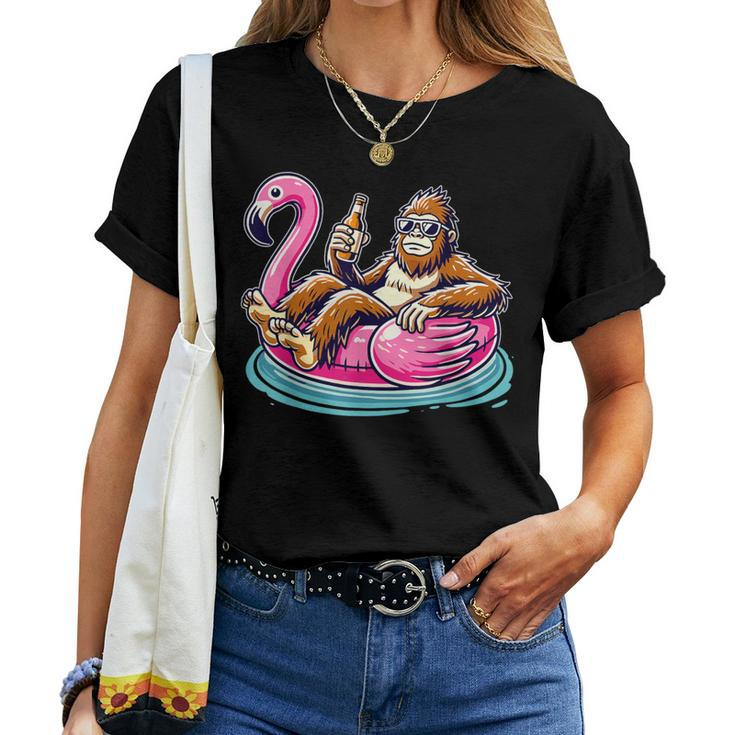 Bigfoot Chilling On Flamingo Float With Beer Fun Summer Vibe Women T-shirt
