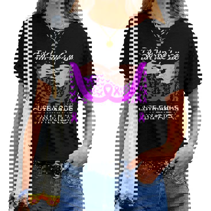 Faith Hope Love Purple Butterfly Cluster Headaches Awareness Women T-shirt