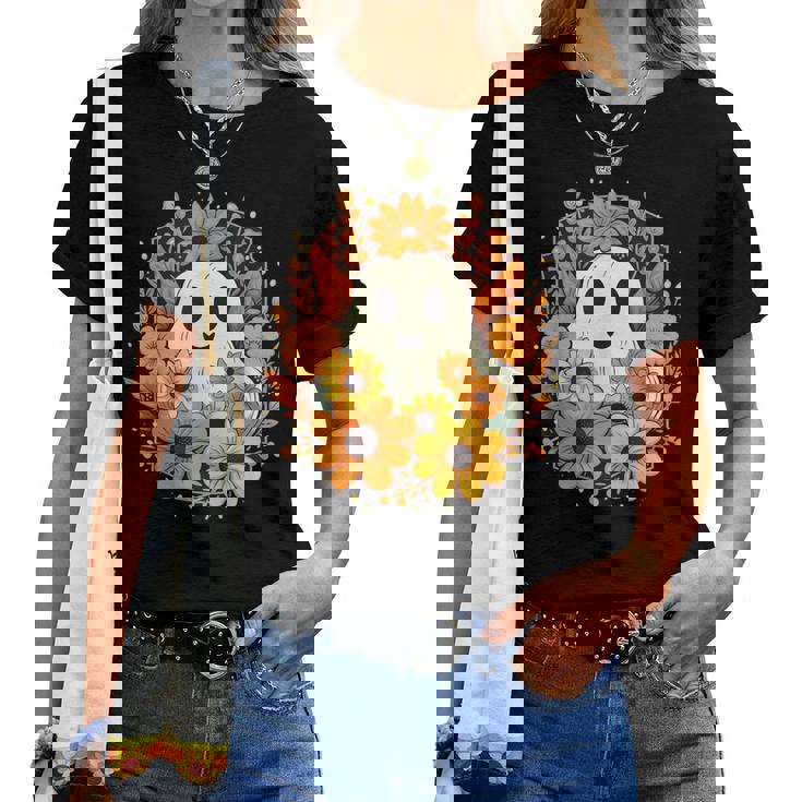 Floral Ghost Halloween Cute Ghost With Flower Women T-shirt