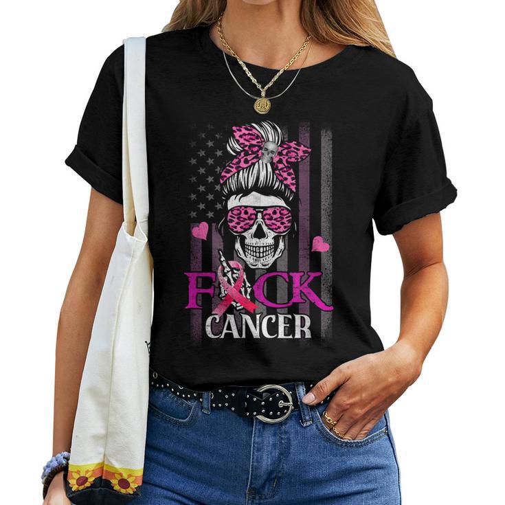 Messy Bun Skull Brustkrebs Bewusstsein Fuck-Cancer Usa Flagge T-shirt Frauen