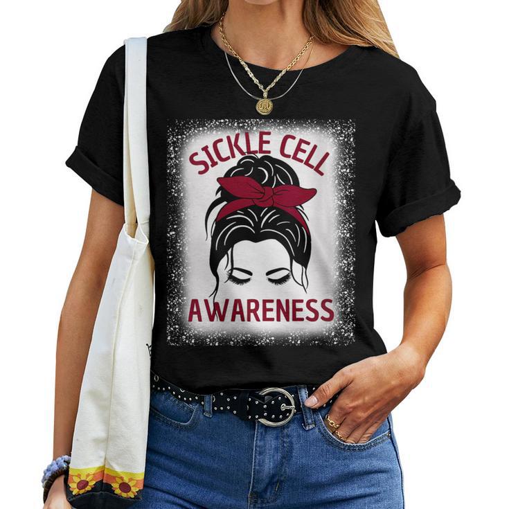 Sickle Cell Awareness Messy Bun Burgundy Ribbon Women T-shirt - Monsterry