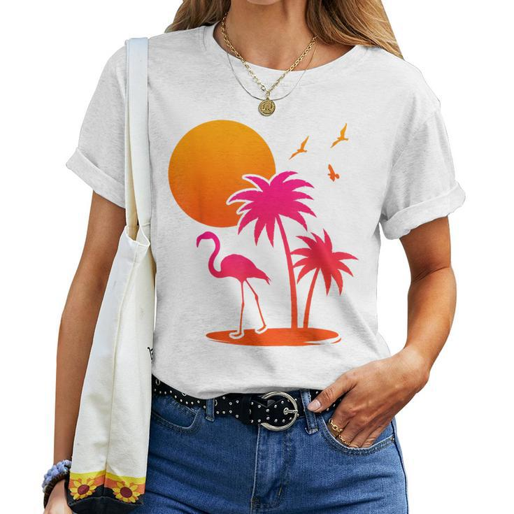 Pink Flamingo Summer Vibes Palm Trees Tropical Summer Women T-shirt