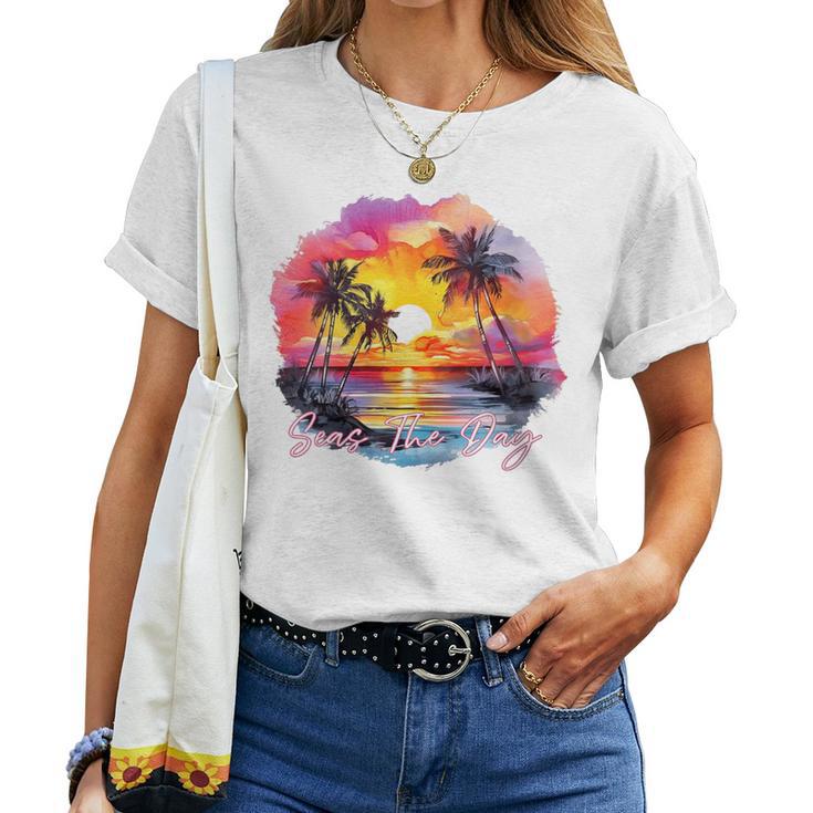 T-shirt Homme Col V - Motif Coucher De Soleil Plage Palmiers - 100% Coton Détente MB T-shirts