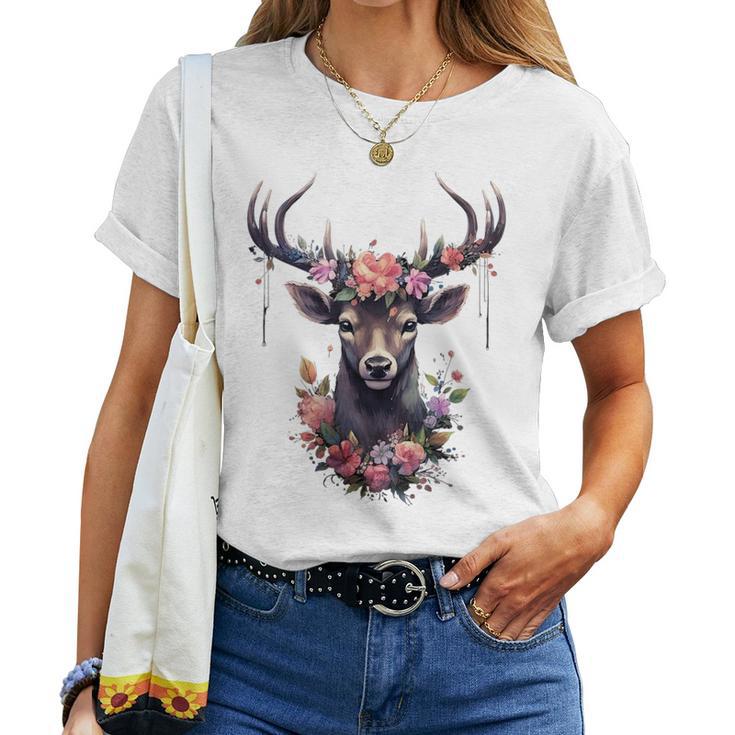 Stag With Roses Flowers Oktoberfest Costume Dirndl T-shirt Frauen