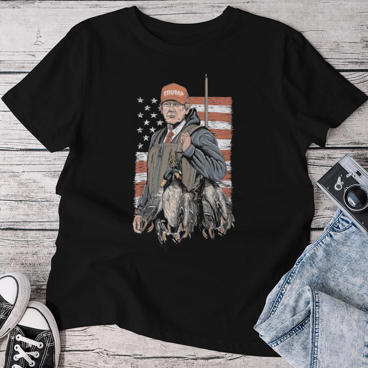 Duck Hunting Trump Camo Hello Hunting Season Us Flag Women T-shirt Funny Gifts