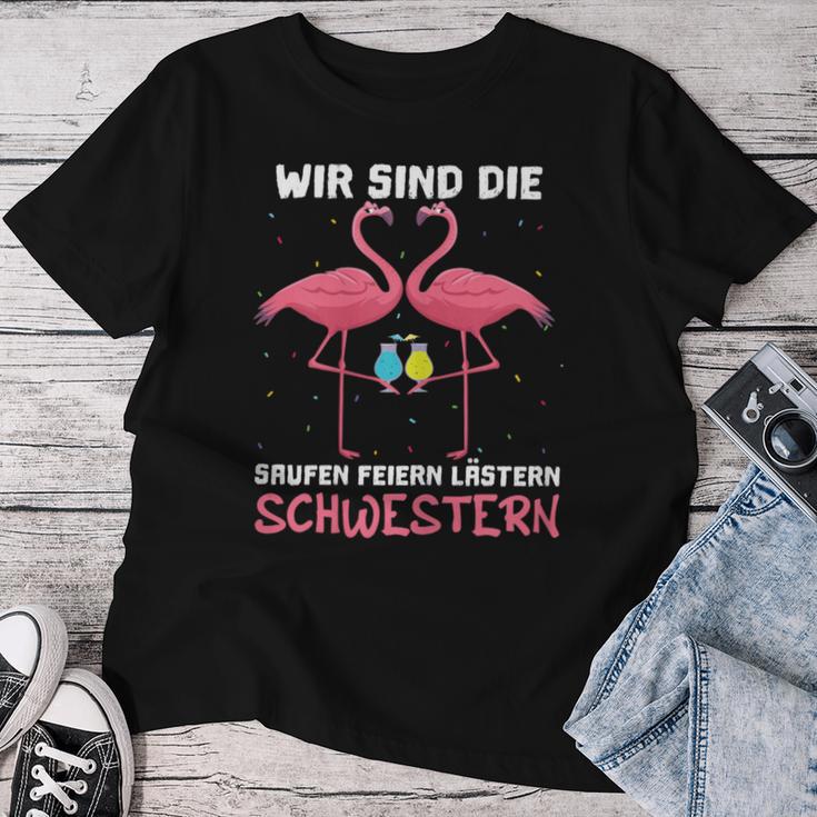 Women's With Wir Sind Die Saufen Feiern Lästern Schwestern Wine Sparkling Wine S T-shirt Frauen Lustige Geschenke