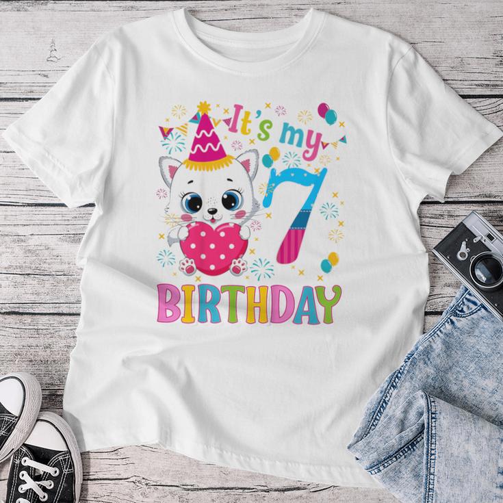 Kinder 7 Geburtstag Katze Mädchen Kätzchen Geburtstag Mädchen 7 Jahre Alt T-shirt Frauen Lustige Geschenke